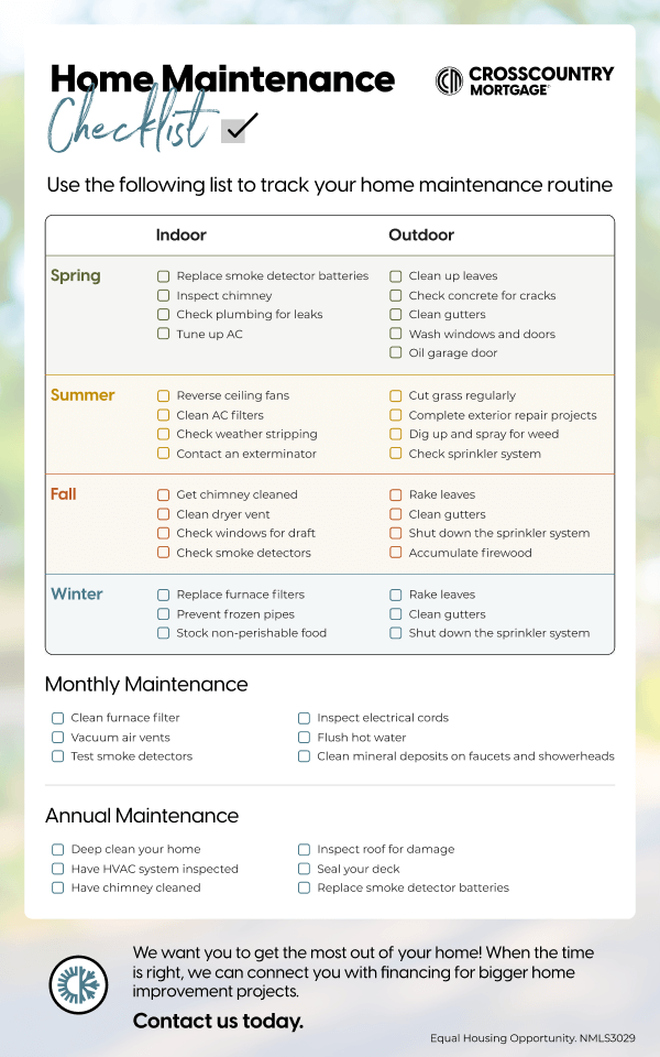 Home maintenance checklist infographic to track your home maintenance routine.