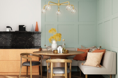 Modern dining nook features coffee bar, part of the 2024 home decor trend cafecore.